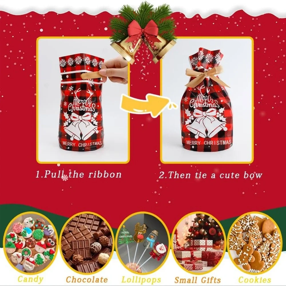 50 Christmas Red & Black Plaid Party Favor Bags with Gold Bows